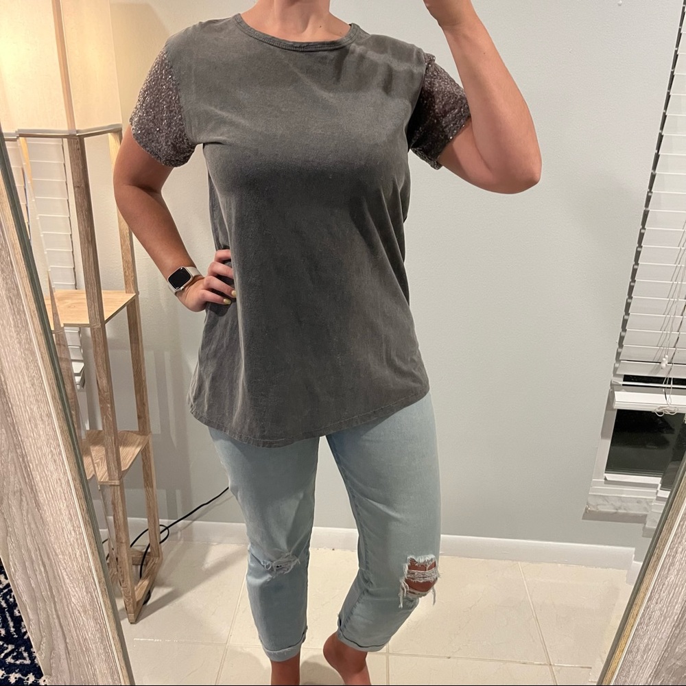 Don’t Ask Why Gray Sequin Sleeve Tshirt